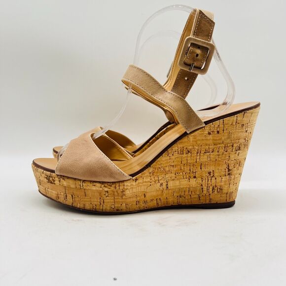 J Crew Shoes Womens 10 Beige Leather Cork Wedge Heels Platform Sandals - Picture 2 of 11